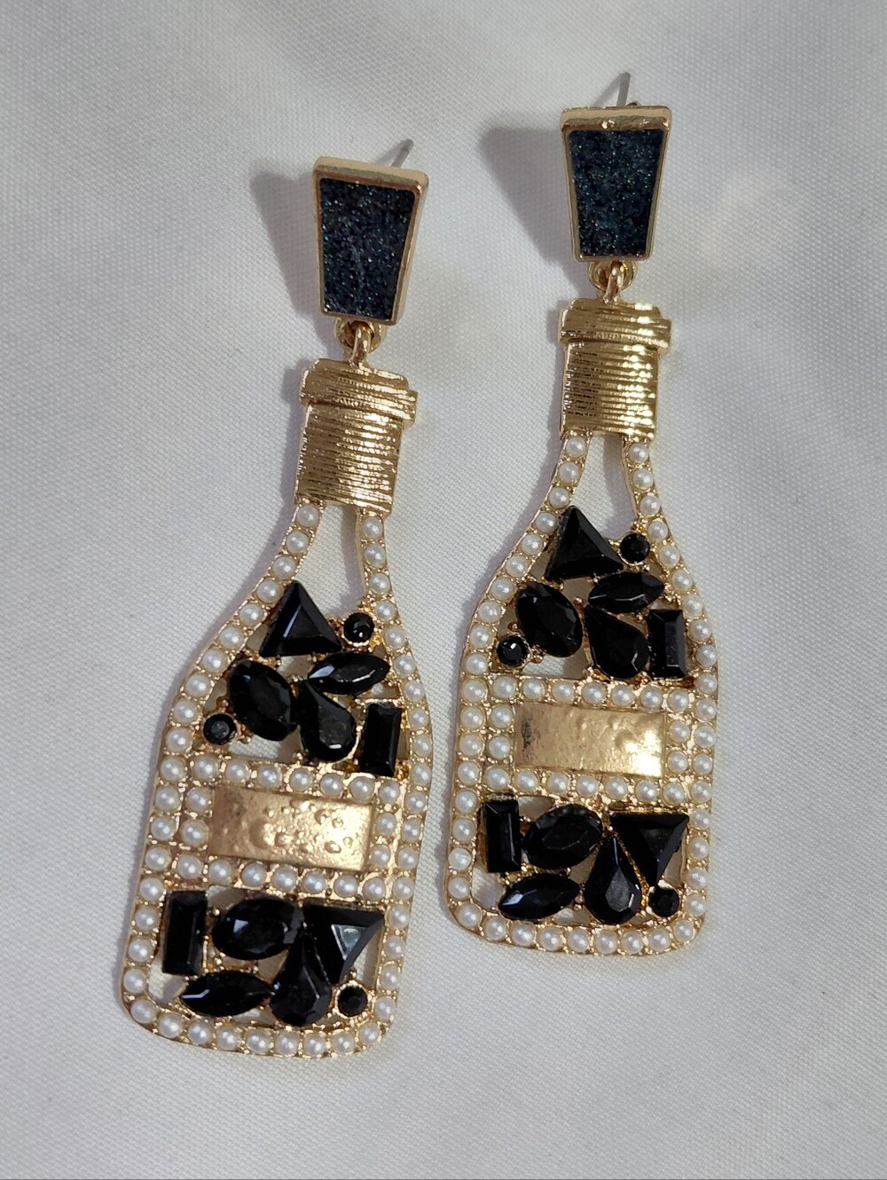 Gold Black Champagne Bottle Earrings